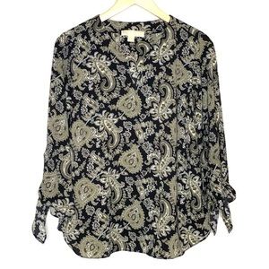 MICHAEL Michael Kors Black and Tan Floral Print 3/4 Sleeve Blouse Size Large